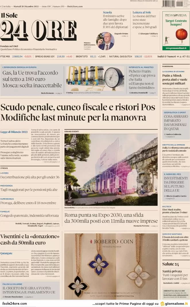 Prime pagine giornali 20 dicembre 2022. Price cap Ue, ma le bollette salgono