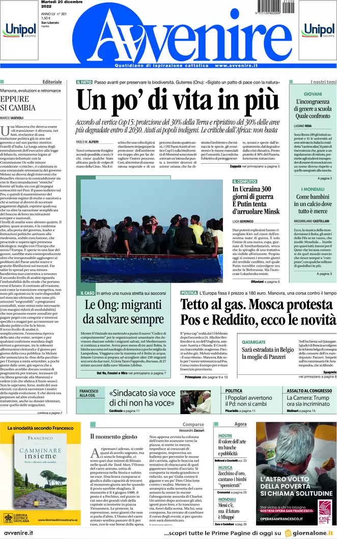 Prime pagine giornali 20 dicembre 2022. Price cap Ue, ma le bollette salgono