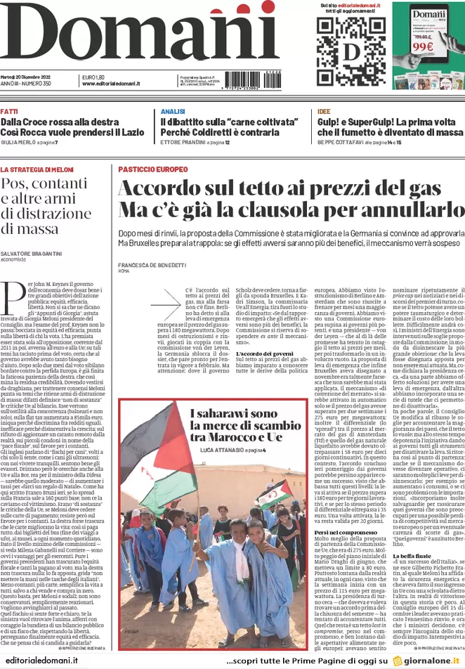 Prime pagine giornali 20 dicembre 2022. Price cap Ue, ma le bollette salgono