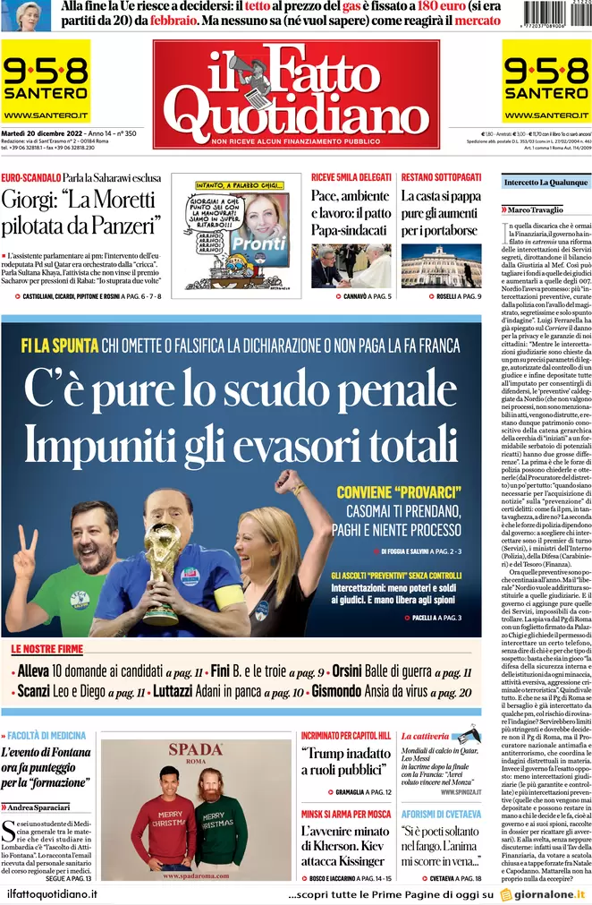 Prime pagine giornali 20 dicembre 2022. Price cap Ue, ma le bollette salgono