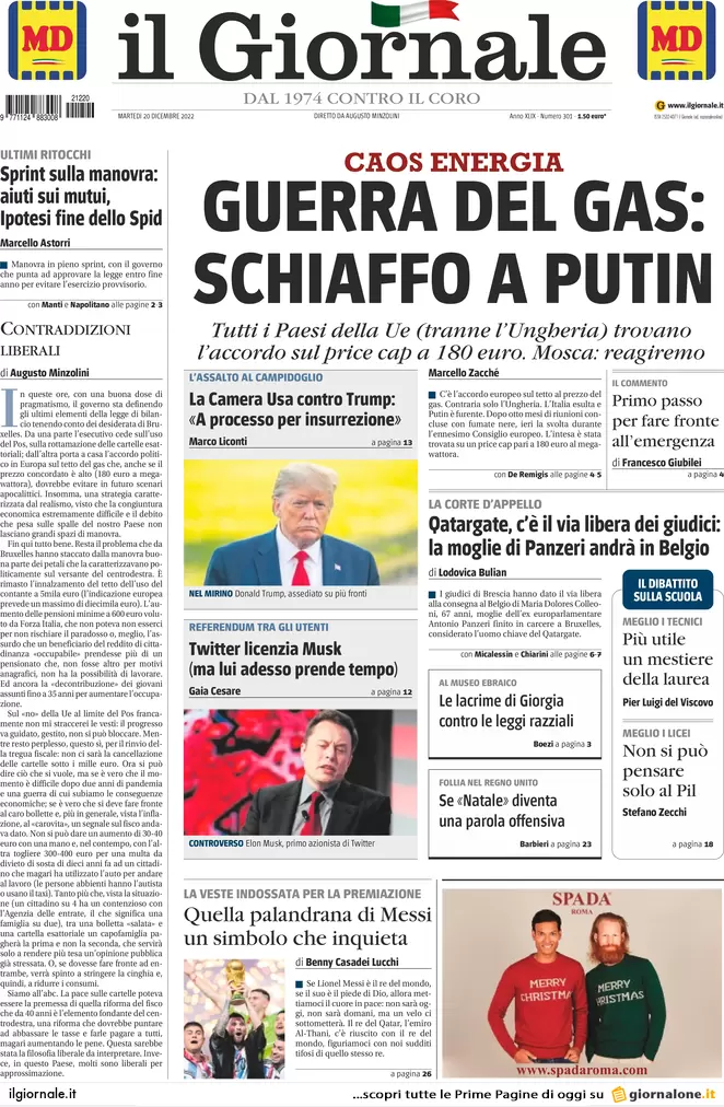 Prime pagine giornali 20 dicembre 2022. Price cap Ue, ma le bollette salgono