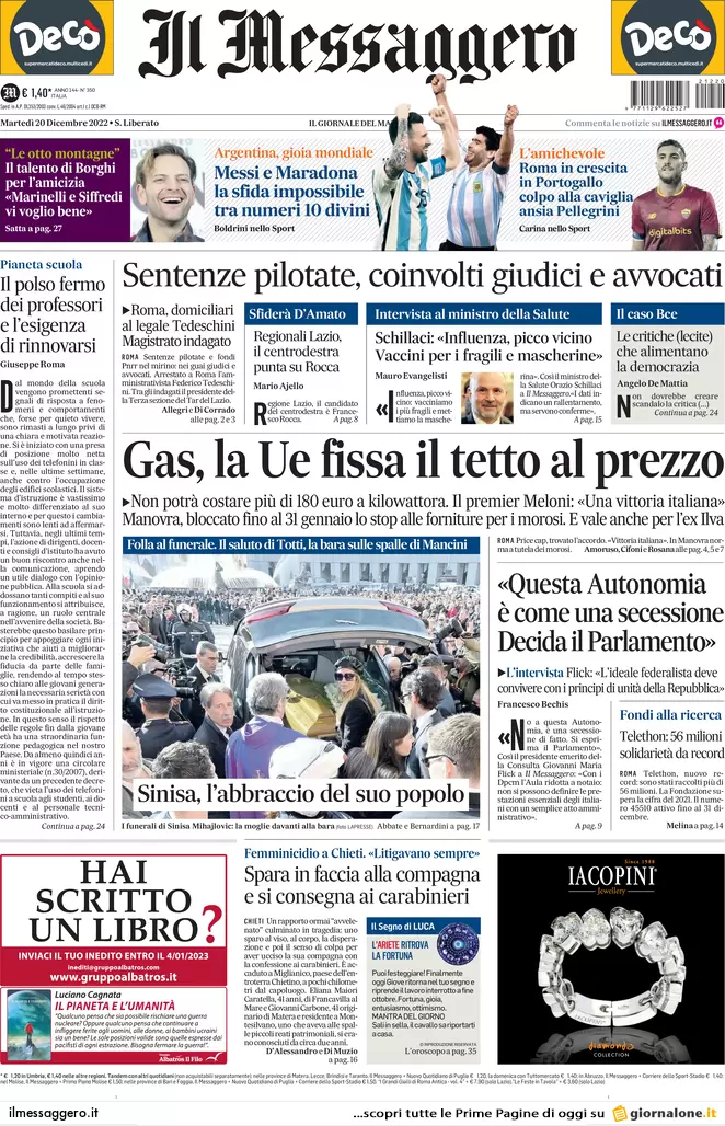 Prime pagine giornali 20 dicembre 2022. Price cap Ue, ma le bollette salgono