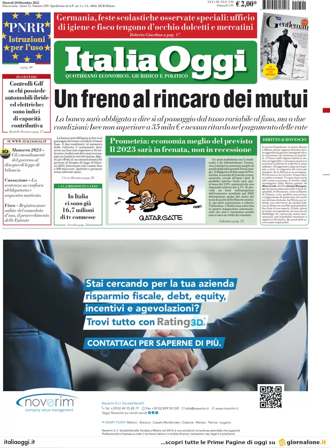 Prime pagine giornali economici 20 dicembre. Manovra, impuniti gli evasori