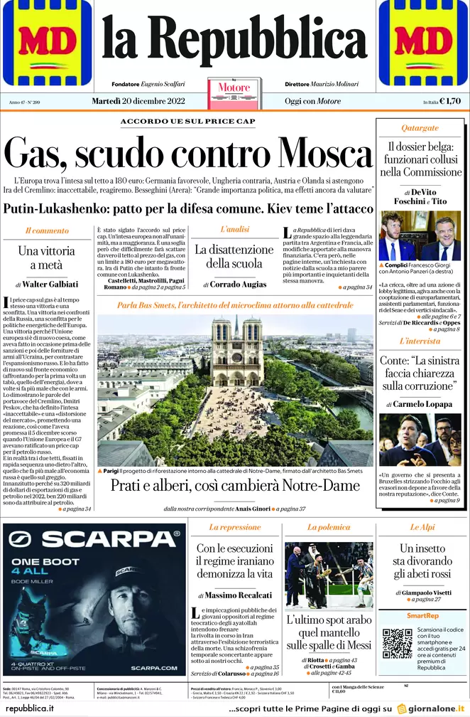 Prime pagine giornali 20 dicembre 2022. Price cap Ue, ma le bollette salgono