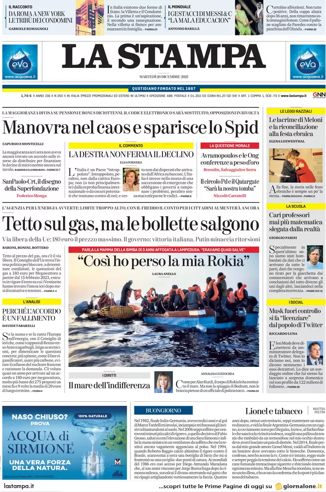 Prime pagine giornali 20 dicembre 2022. Price cap Ue, ma le bollette salgono