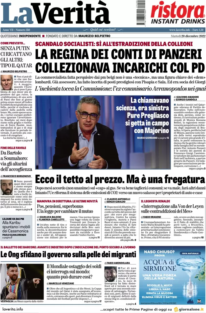 Prime pagine giornali 20 dicembre 2022. Price cap Ue, ma le bollette salgono
