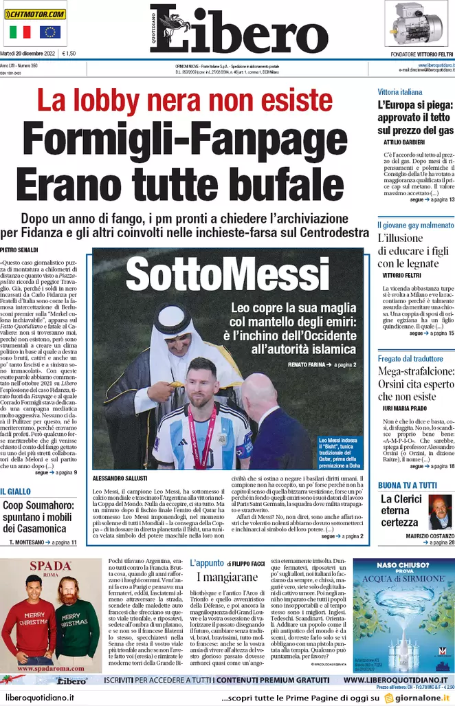 Prime pagine giornali 20 dicembre 2022. Price cap Ue, ma le bollette salgono