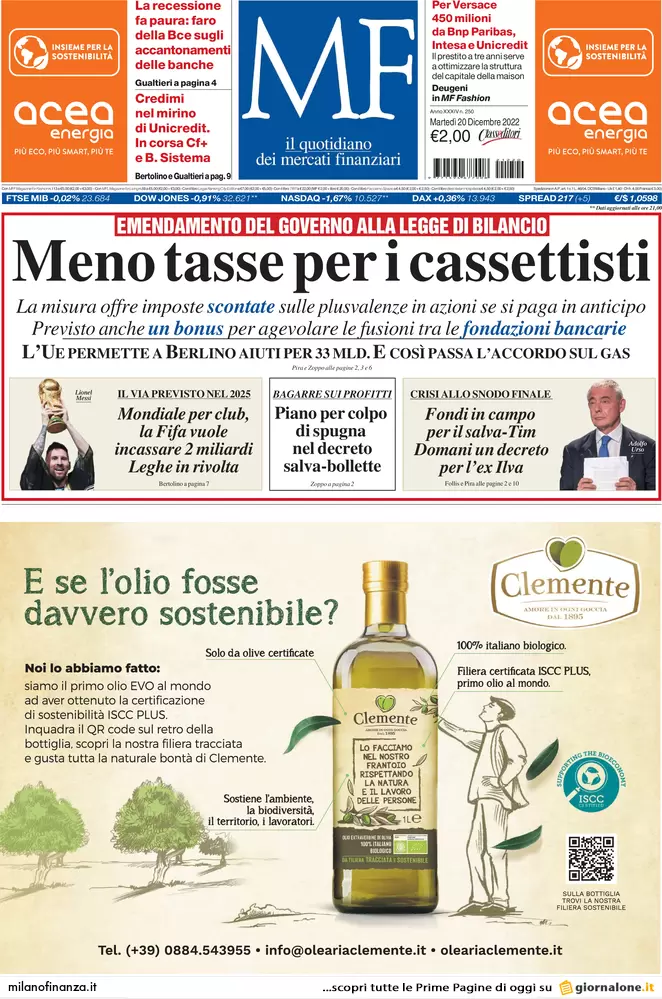 Prime pagine giornali economici 20 dicembre. Manovra, impuniti gli evasori