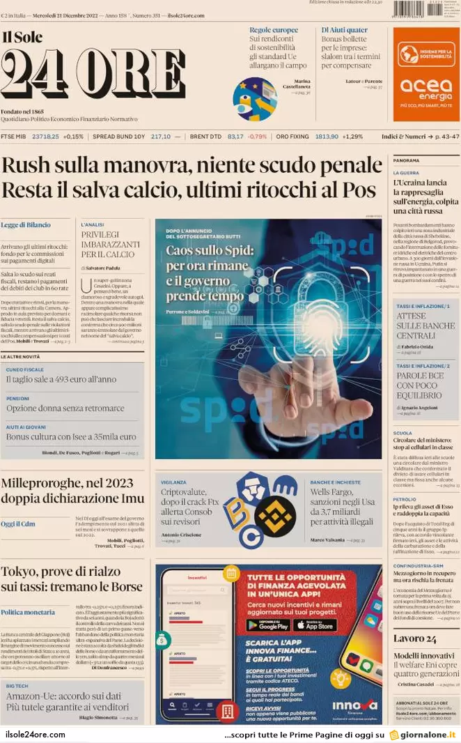 Prime pagine giornali 21 dicembre 2022. Bossi rischia di sfasciare la Lega