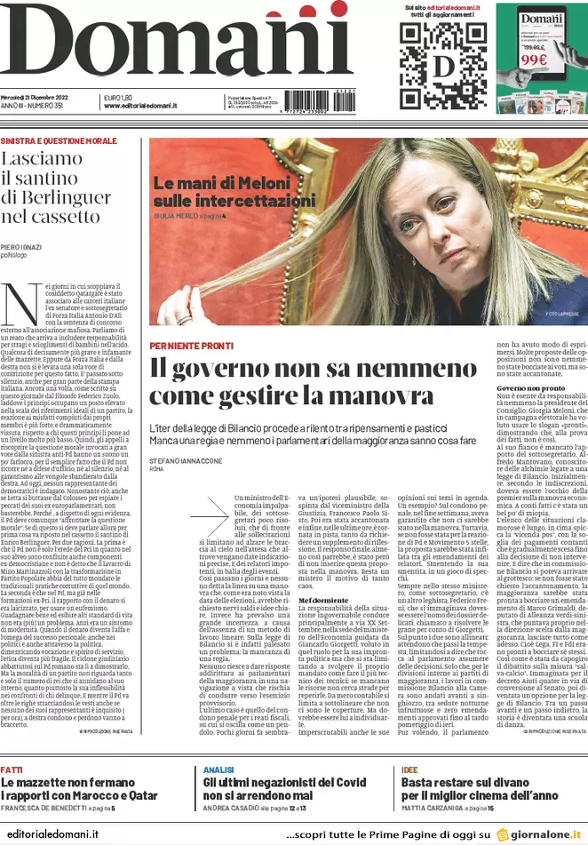 Prime pagine giornali 21 dicembre 2022. Bossi rischia di sfasciare la Lega