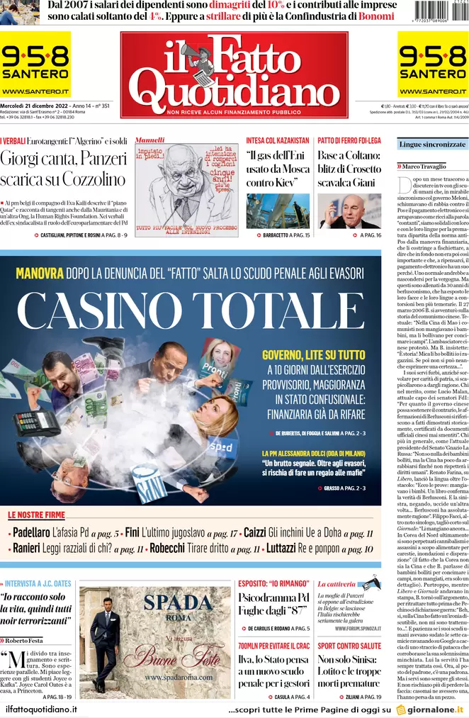Prime pagine giornali 21 dicembre 2022. Bossi rischia di sfasciare la Lega