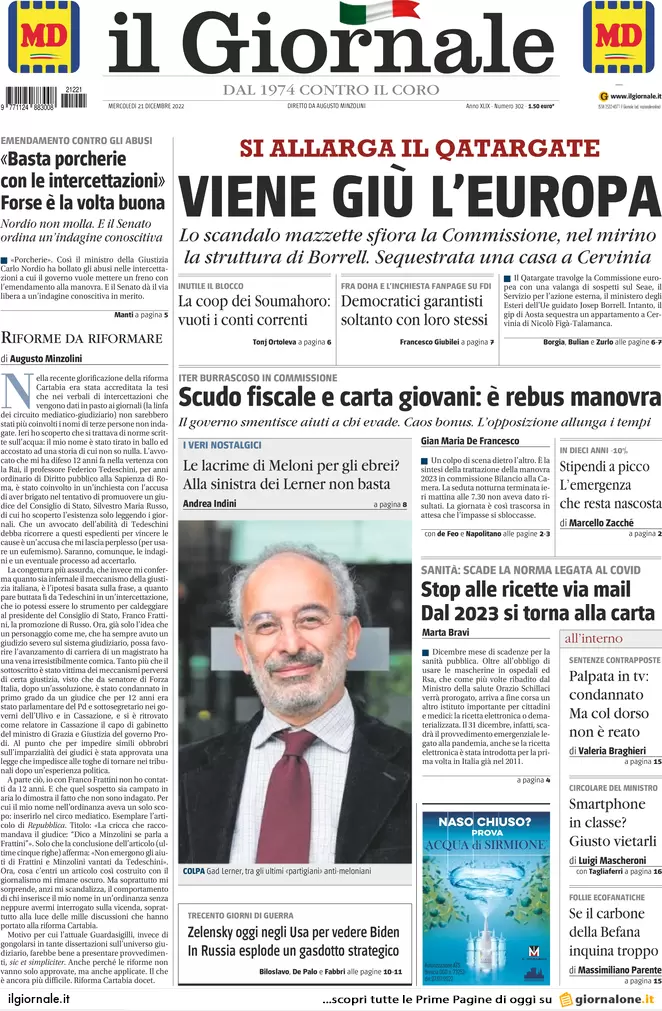 Prime pagine giornali 21 dicembre 2022. Bossi rischia di sfasciare la Lega