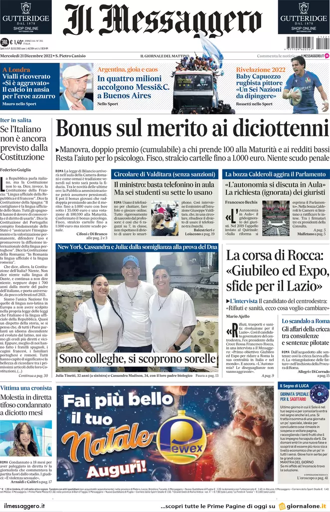 Prime pagine giornali 21 dicembre 2022. Bossi rischia di sfasciare la Lega