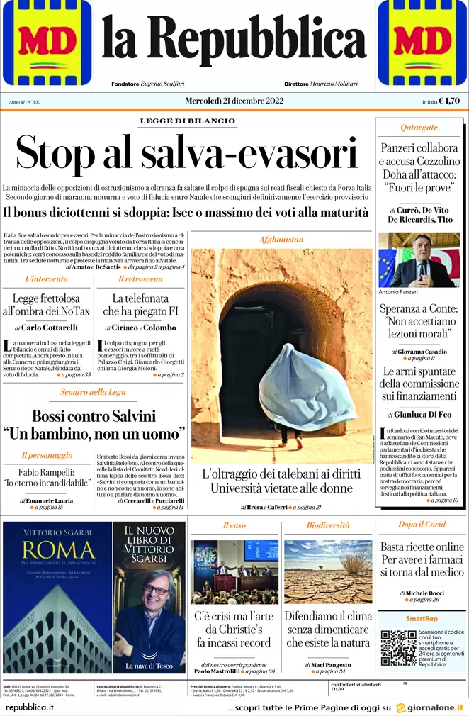 Prime pagine giornali 21 dicembre 2022. Bossi rischia di sfasciare la Lega