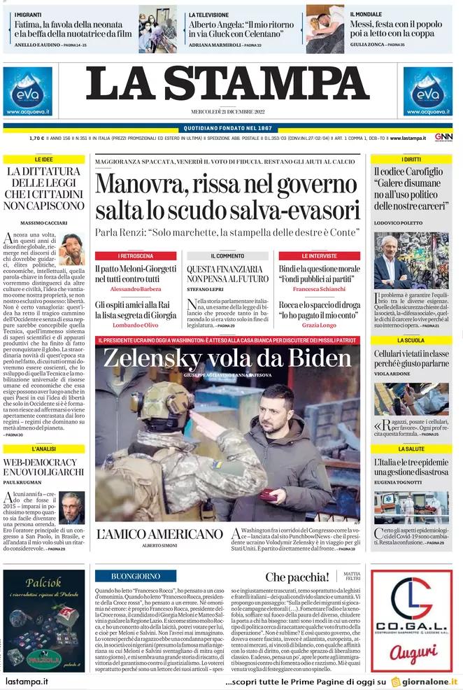 Prime pagine giornali 21 dicembre 2022. Bossi rischia di sfasciare la Lega
