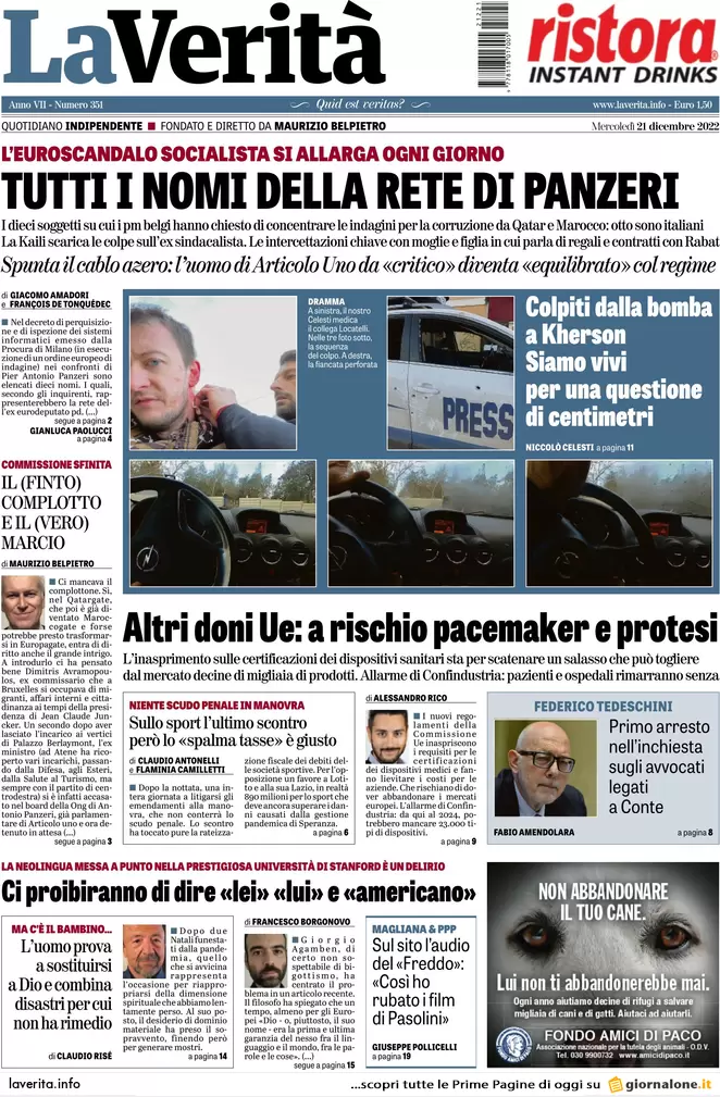 Prime pagine giornali 21 dicembre 2022. Bossi rischia di sfasciare la Lega