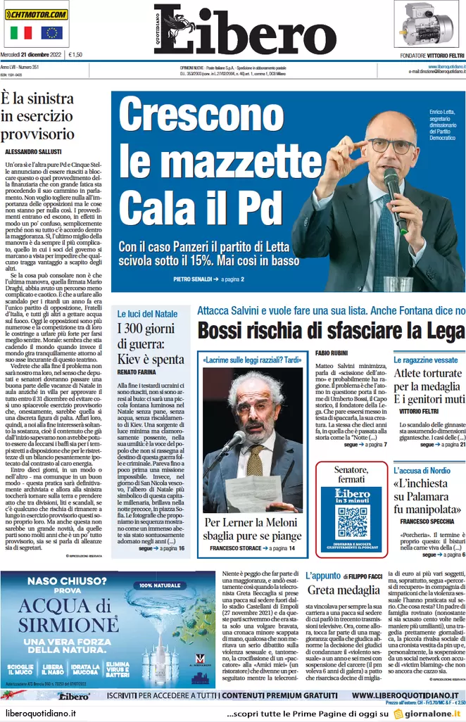 Prime pagine giornali 21 dicembre 2022. Bossi rischia di sfasciare la Lega