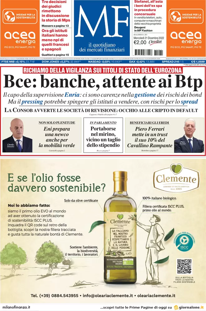 Prime pagine giornali economici 21 dicembre. Bce: banche, attente ai Btp