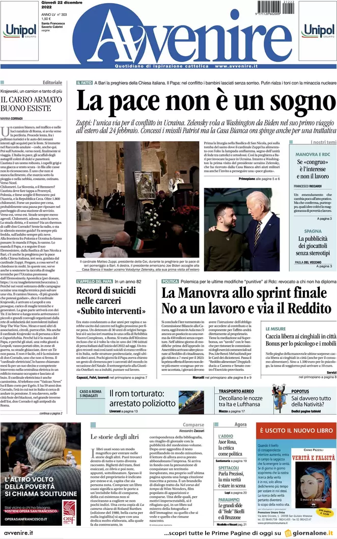 Prime pagine giornali 22 dicembre 2022. Via il Rdc se non vuoi cambiare città Prime pagine giornali 22 dicembre 2022. Via il Rdc se non vuoi cambiare città