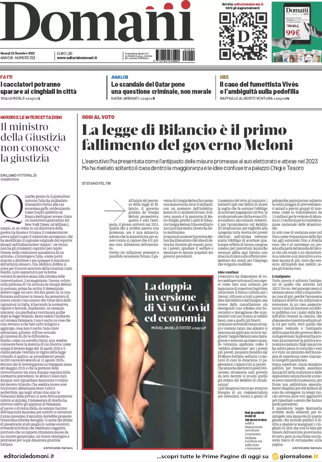 Prime pagine giornali 22 dicembre 2022. Via il Rdc se non vuoi cambiare città Prime pagine giornali 22 dicembre 2022. Via il Rdc se non vuoi cambiare città