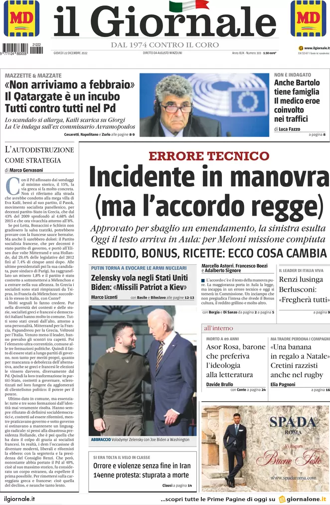 Prime pagine giornali 22 dicembre 2022. Via il Rdc se non vuoi cambiare città Prime pagine giornali 22 dicembre 2022. Via il Rdc se non vuoi cambiare città