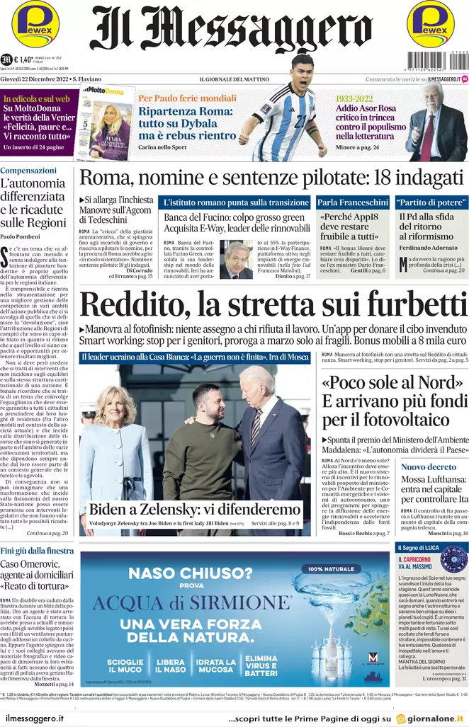 Prime pagine giornali 22 dicembre 2022. Via il Rdc se non vuoi cambiare città Prime pagine giornali 22 dicembre 2022. Via il Rdc se non vuoi cambiare città