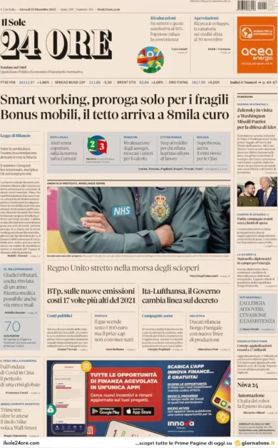 Prime pagine giornali economici 22 dicembre. Manovra, bonus mobili da 8mila €