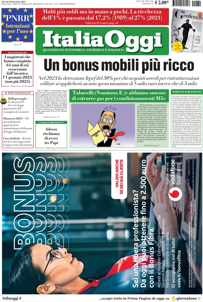 Prime pagine giornali economici 22 dicembre. Manovra, bonus mobili da 8mila € Prime pagine giornali economici 22 dicembre. Manovra, bonus mobili da 8mila €