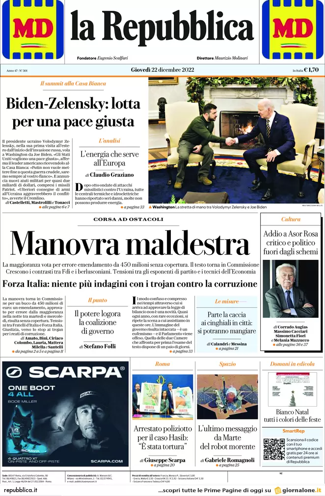 Prime pagine giornali 22 dicembre 2022. Via il Rdc se non vuoi cambiare città Prime pagine giornali 22 dicembre 2022. Via il Rdc se non vuoi cambiare città