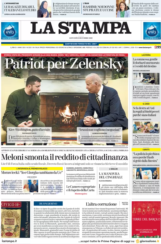 Prime pagine giornali 22 dicembre 2022. Via il Rdc se non vuoi cambiare città Prime pagine giornali 22 dicembre 2022. Via il Rdc se non vuoi cambiare città
