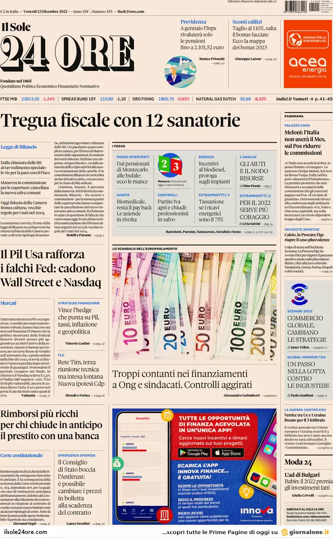 Prime pagine giornali 23 dicembre 2022. Monopattini, obbligo targa e casco