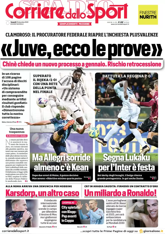 Prime pagine giornali 23 dicembre 2022. Monopattini, obbligo targa e casco