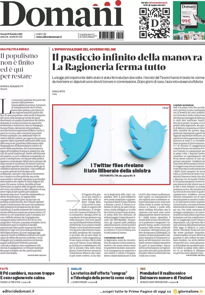 Prime pagine giornali 23 dicembre 2022. Monopattini, obbligo targa e casco