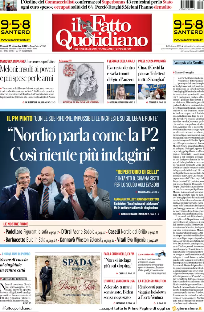 Prime pagine giornali 23 dicembre 2022. Monopattini, obbligo targa e casco