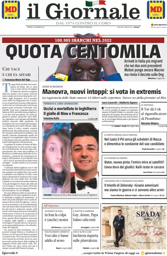 Prime pagine giornali 23 dicembre 2022. Monopattini, obbligo targa e casco