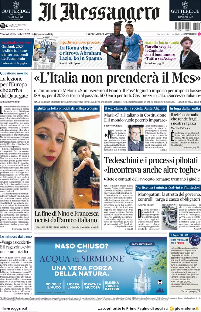 Prime pagine giornali 23 dicembre 2022. Monopattini, obbligo targa e casco