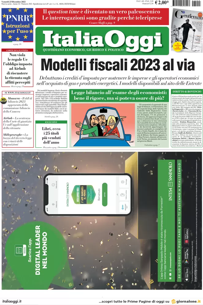Prime pagine giornali economici 23 dicembre. Tregua fiscale con 12 sanatorie