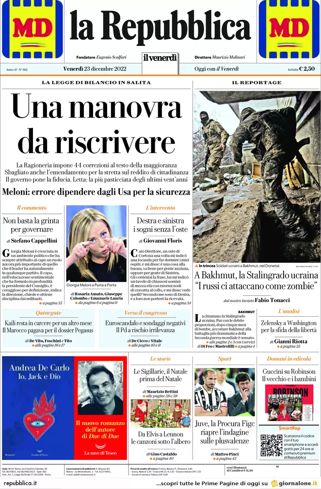 Prime pagine giornali 23 dicembre 2022. Monopattini, obbligo targa e casco