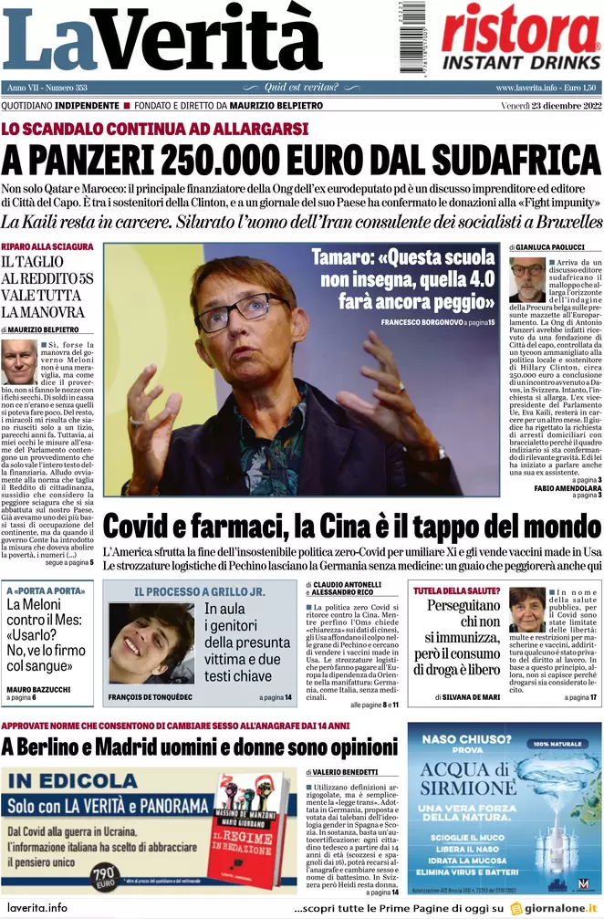 Prime pagine giornali 23 dicembre 2022. Monopattini, obbligo targa e casco