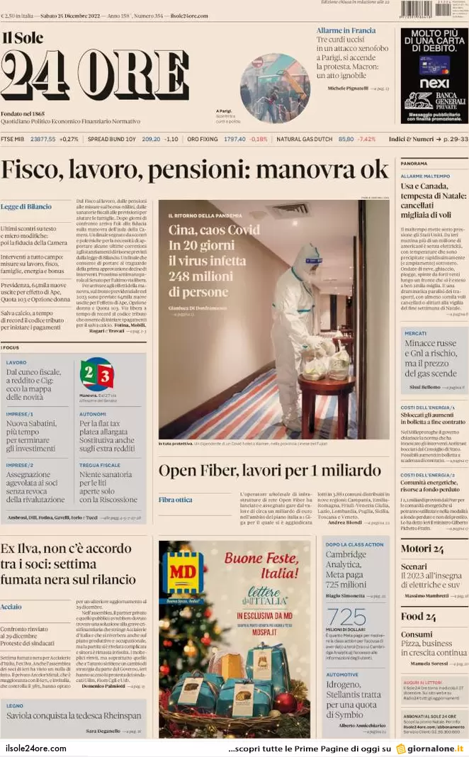 Prime pagine giornali 24 dicembre 2022. Fiducia alla manovra. Kiev: si tratta