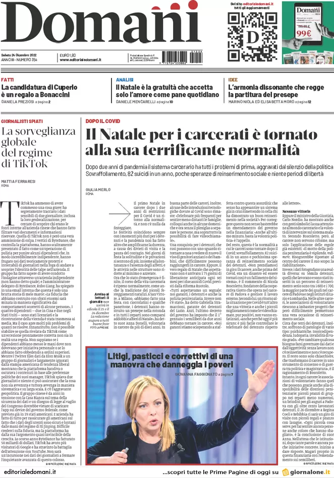 Prime pagine giornali 24 dicembre 2022. Fiducia alla manovra. Kiev: si tratta