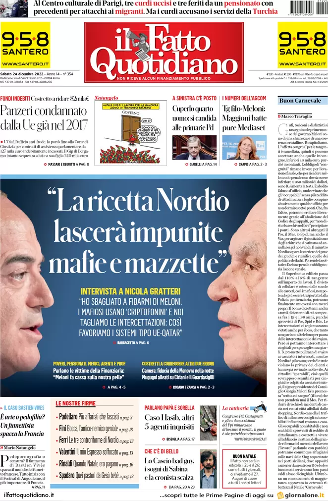Prime pagine giornali 24 dicembre 2022. Fiducia alla manovra. Kiev: si tratta
