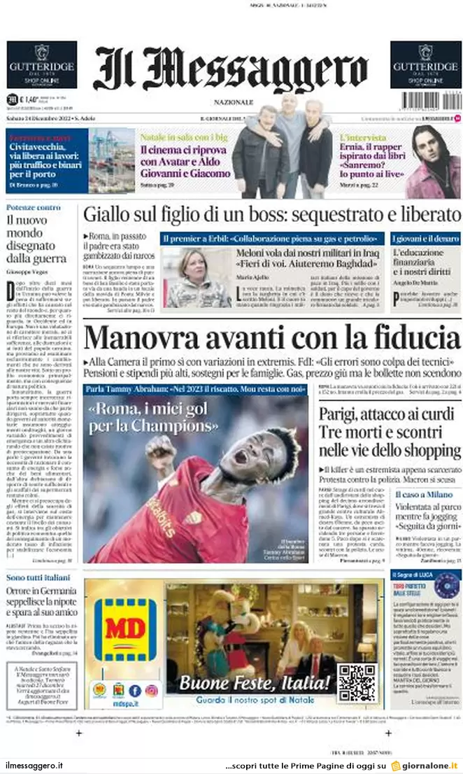 Prime pagine giornali 24 dicembre 2022. Fiducia alla manovra. Kiev: si tratta
