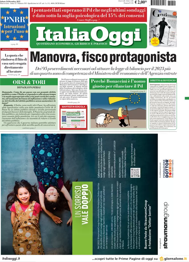 Prime pagine giornali economici 24 dicembre. Open Fiber, lavori per 1 miliardo Prime pagine giornali economici 24 dicembre. Open Fiber, lavori per 1 miliardo