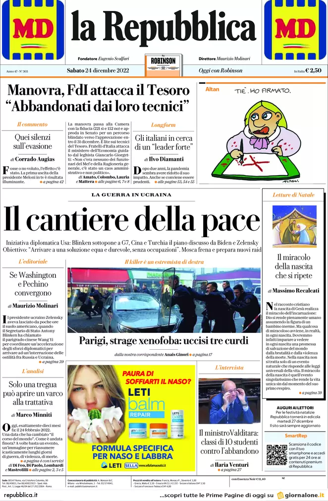Prime pagine giornali 24 dicembre 2022. Fiducia alla manovra. Kiev: si tratta