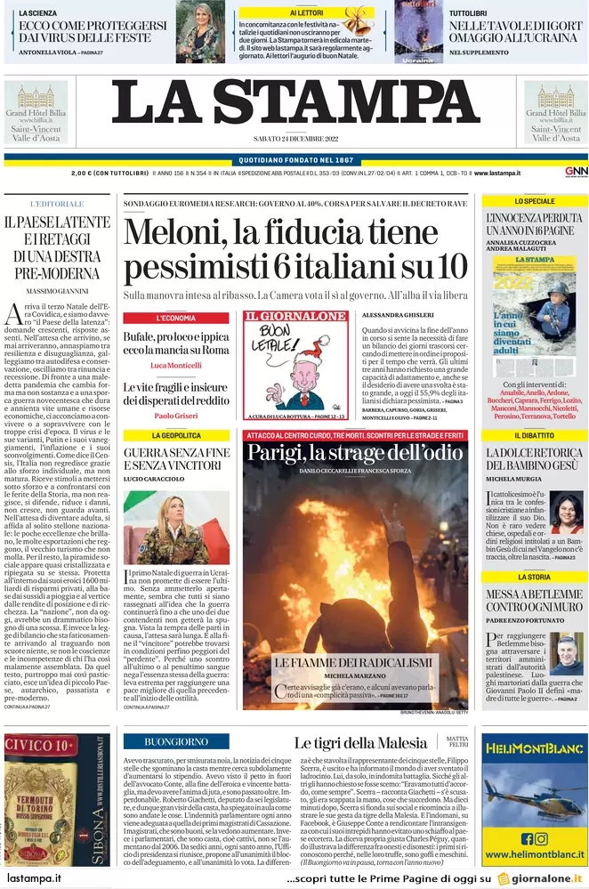 Prime pagine giornali 24 dicembre 2022. Fiducia alla manovra. Kiev: si tratta