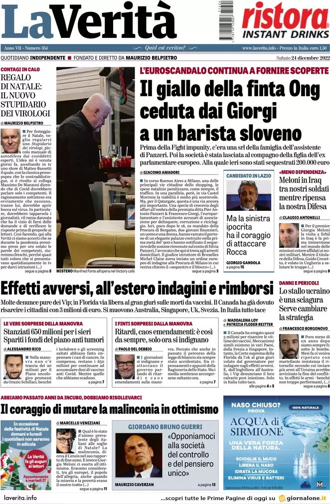 Prime pagine giornali 24 dicembre 2022. Fiducia alla manovra. Kiev: si tratta