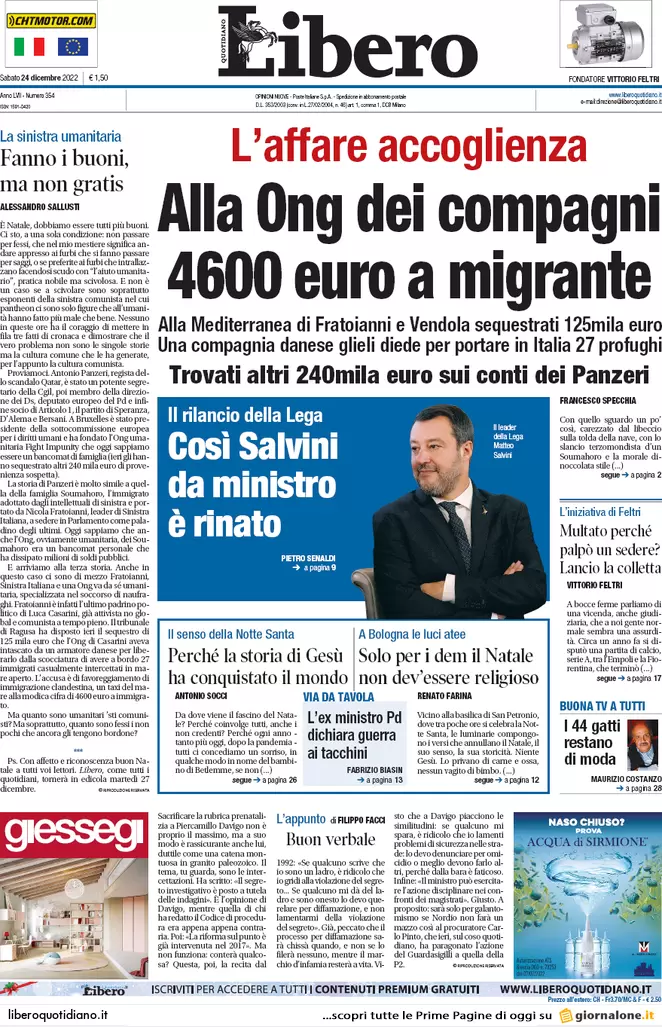 Prime pagine giornali 24 dicembre 2022. Fiducia alla manovra. Kiev: si tratta