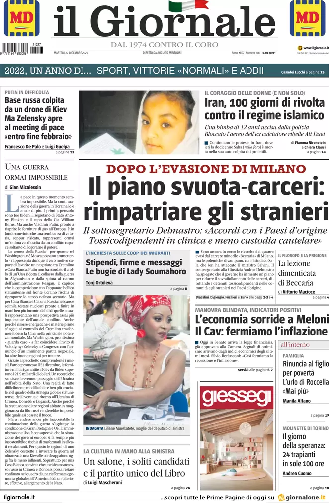 Prime pagine giornali 27 dicembre 2022. Sicurezza, il piano svuota carceri