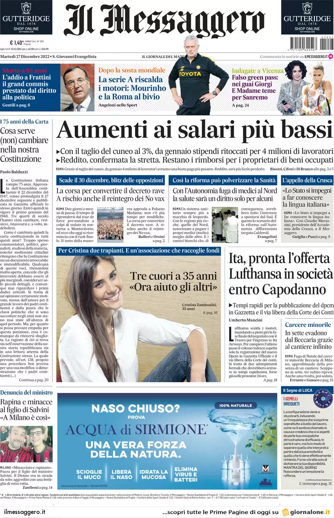 Prime pagine giornali 27 dicembre 2022. Sicurezza, il piano svuota carceri